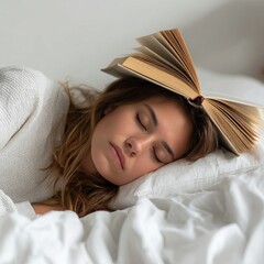A young woman resting peacefully with a book on her head. She is sleeping in a comfortable bed, evoking a sense of relaxation