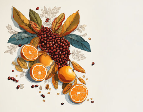 Vibrant Coffee and Citrus Fusion Illustration, Breakfast, Earthy, Nature, Organic