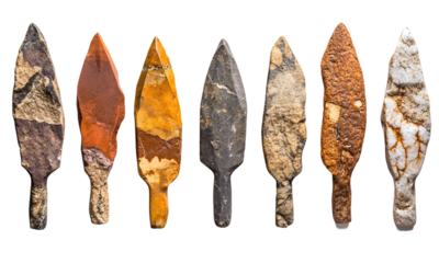 Ancient stone arrowheads with intricate details historical archaeological artifacts isolated on transparent background.