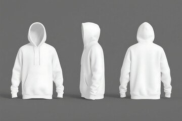hoodie jacket mockup in different 360-degree rotation views in at least 3 positions showing front, back, and side view, white hoodie mockup, sweatshirt mockup, hoodie jacket mockup, gray background