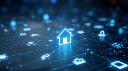 A glowing house icon sits on a digital network of smart home devices and IoT connections, illustrating home automation, security, and connectivity concepts.