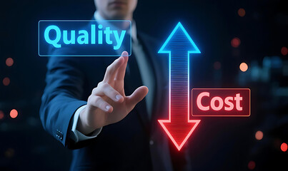 Businessman Touching Virtual Screen Emphasizing High Quality and Reduced Cost - Business Optimization Concept