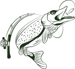 Bass Fish logo icon vector illustration design with fish rod and hook