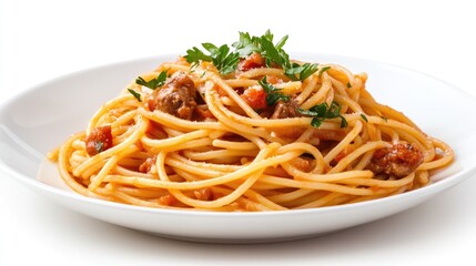 A plate of spaghetti with tomato-based sauce and meat