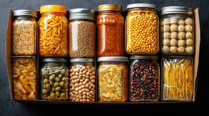 A Variety of Dried Food Products in Glass Jars, Organized in a Box, for Storage, Kitchen Essentials, Pantry Staples, Healthy Eating.