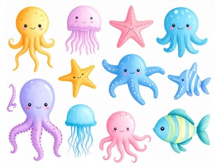 A collection of colorful plush sea creatures like octopus, starfish, jellyfish