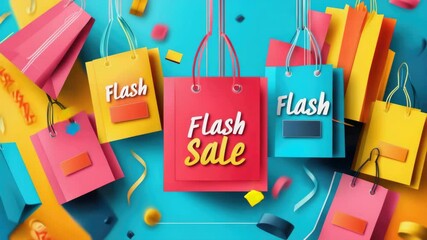 Colorful shopping bags hanging with flash and sale text on blue background, illustrating a dynamic promotional event concept - Powered by Adobe