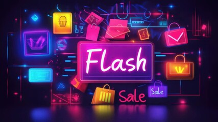 Vibrant neon signs and shopping icons highlighting exciting retail promotions and discounts for a flash sale concept - Powered by Adobe