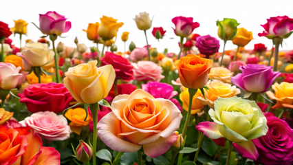 Low Angle View Vibrant Colorful Rose Field Many Roses Blooming Orange Yellow Pink Red Roses Garden Flowers isolated on a transparent background