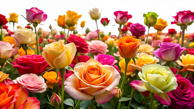 Low Angle View Vibrant Colorful Rose Field Many Roses Blooming Orange Yellow Pink Red Roses Garden Flowers isolated on a transparent background