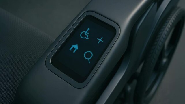 Futuristic wheelchair control panel with illuminated buttons and icons for accessibility navigation zoom and easy control functions designed