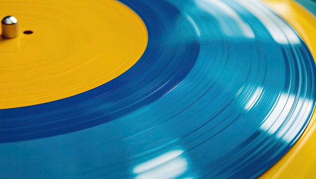 Close-up view of a vibrant colored vinyl record. A bright yellow center transitions smoothly to a deep teal blue, showing the record grooves in motion. - Powered by Adobe