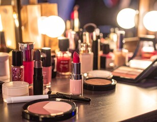 Close-Up of a Luxurious Makeup Table Cluttered with Perfume Bottles, Lipsticks, and Beauty Essentials – Glamorous Vanity Scene for Fashion and Lifestyle Concepts