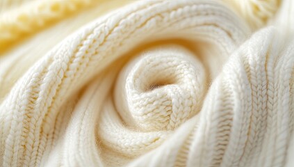 Close-up of a creamy white knitted fabric, swirling in a spiral pattern