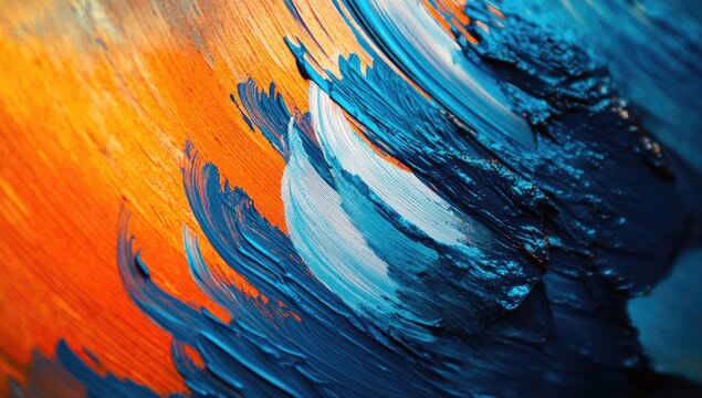 Abstract painting, close-up view of vibrant brushstrokes.  Bold, textured application of orange and blue hues