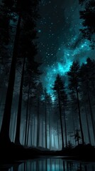 Dark, mystical forest at night under a vibrant night sky