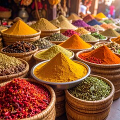 Fototapeta premium Wide‑angle shot of a vibrant spice market stall- a conical mound of curry masala