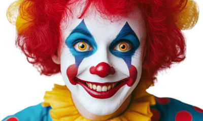 Playful vintage clowns with polka dots and bright makeup isolated on transparent background.