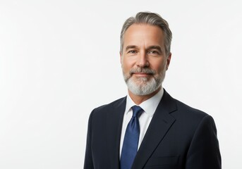 Professional headshot of mature businessman in navy suit and tie on white background image