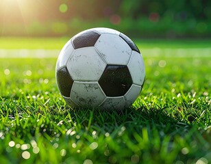 Fototapeta premium Soccer Ball on Lush Green Grass Field Under Clear Natural Sunlight – Outdoor Sports Scene