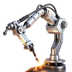 Silver Robotic Arm Welding Metal Sparks Flying Industrial Automation A I Technology isolated on a transparent background