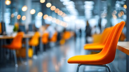 Cozy orange chair in focus in an office breakroom