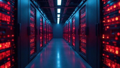 Fototapeta premium Close-up of a futuristic server room with glowing lights, cybersecurity, algorithm