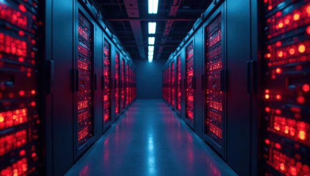 Close-up of a futuristic server room with glowing lights, cybersecurity, algorithm