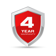 4 year warranty silver metal shield in red color vector illustration. Four year warranty protection icon. Metallic security badge. Red glossy metal emblem.