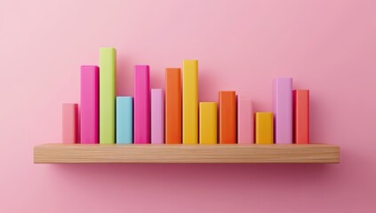 Colorful bar graph on wooden shelf against pink background