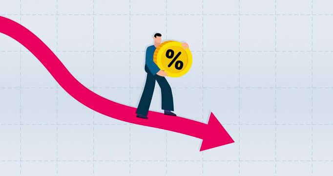 Man with percent rate goes on chart graph across screen. Walking down character with big coin. Interest rate growth metaphor for business use. Bank credit. Video business explainer infographic.