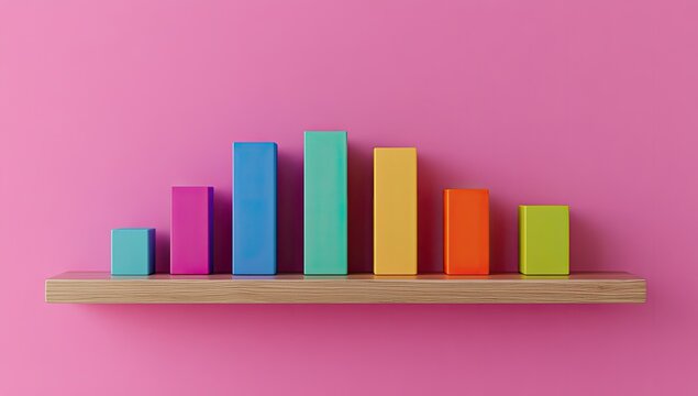 Colorful bar graph on a wooden shelf against a pink wall
