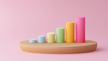 Colorful, ascending bar graph on a wooden platform