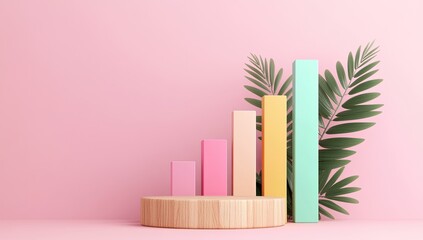 Pastel-colored geometric forms and tropical foliage on a light pink background.  Wooden podium and ascending columns of pastel colors, with palm leaves
