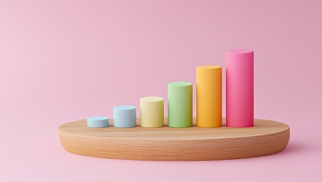 Colorful, ascending bar graph on a wooden platform