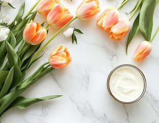 Floral skincare arrangement on marble