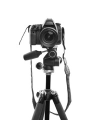 Modern professional video camera isolated on white