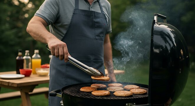 Middle-aged man, flipping burgers on a backyard grill