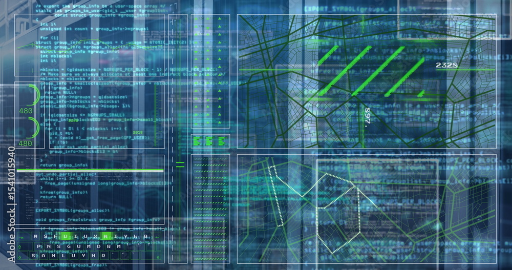 Poster displaying translucent dashboard showing code panels in virtual interface, with wireframe maps