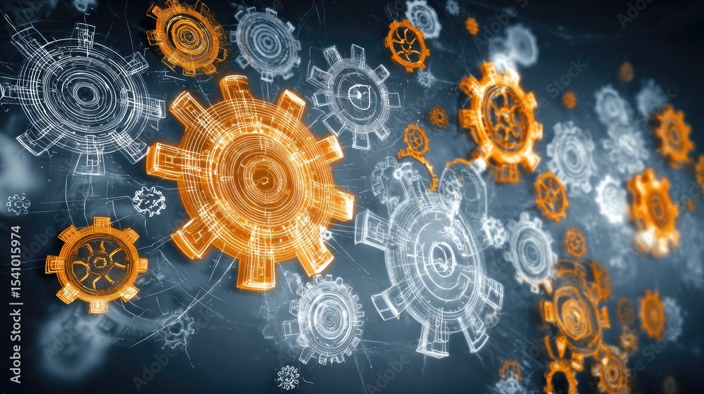 Poster digital gears and tech icons rotating over abstract background symbolizing innovation