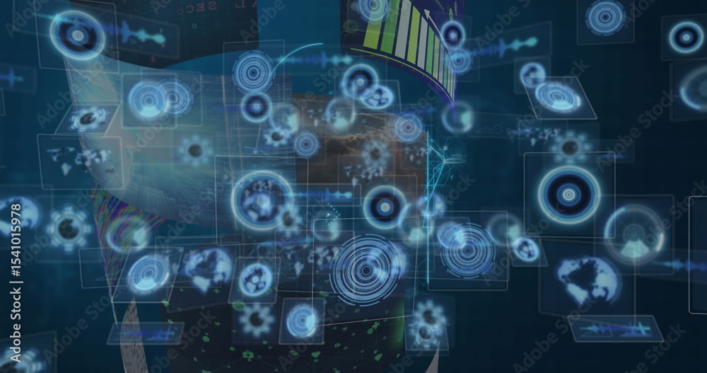Poster floating holographic ui widgets forming display in dark space, with circular huds and bar charts