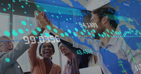 High-fiving professionals celebrating data success in modern office with laptop and map overlay