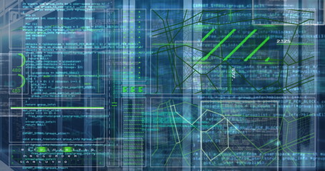 Displaying translucent dashboard showing code panels in virtual interface, with wireframe maps