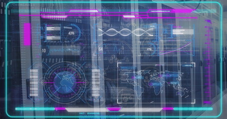 Floating holographic UI hovering in control bay, showing world map, DNA waveform, gauges, charts