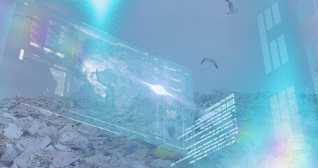 Floating interface displaying code streams over trash-strewn dump site, with 3D globe and seagulls