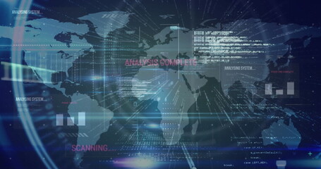 Displaying world map with code overlays, bar charts, gridlines, scanning status labels on monitor © vectorfusionart