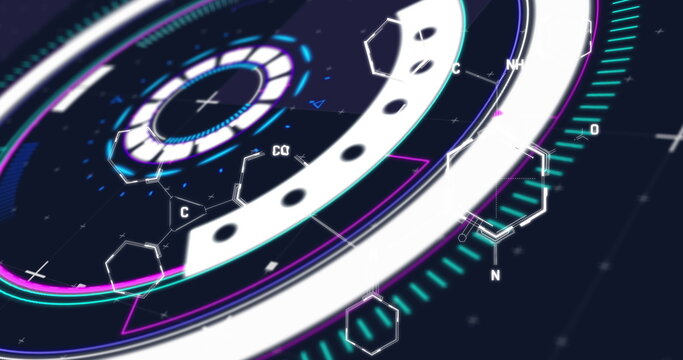 Displaying HUD interface rotating cyan rings at control panel, with hexagon molecular icons labeled