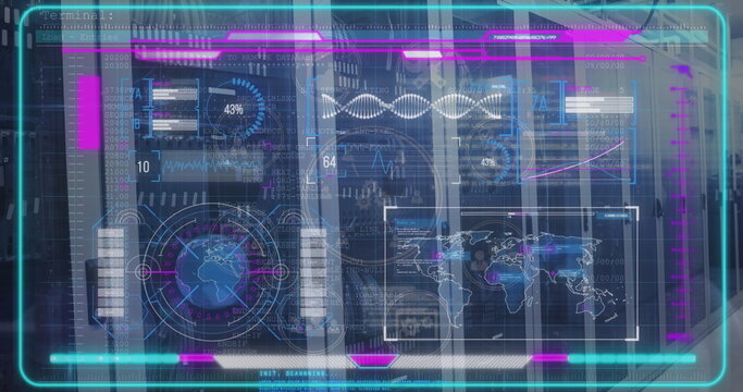 Floating holographic UI hovering in control bay, showing world map, DNA waveform, gauges, charts - Powered by Adobe