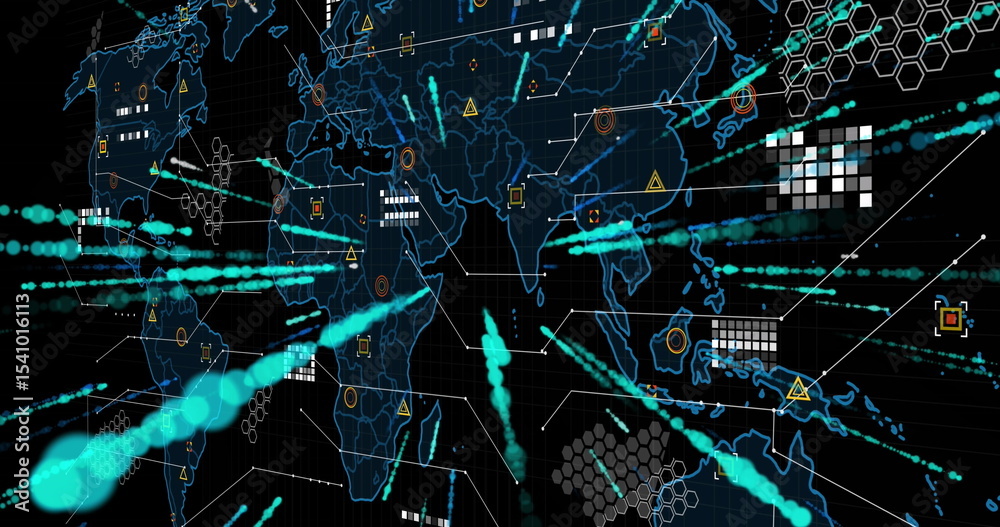 Poster showing world map with neon-blue outlines and nodes on tech dashboard grid, with teal data streams