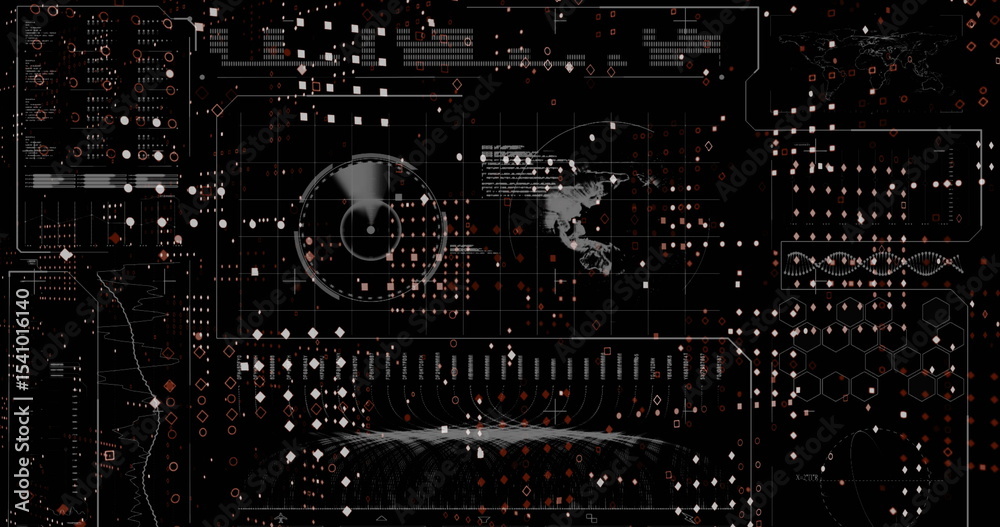 Poster displaying central circular radar chart rotating on digital dashboard, with world map overlay